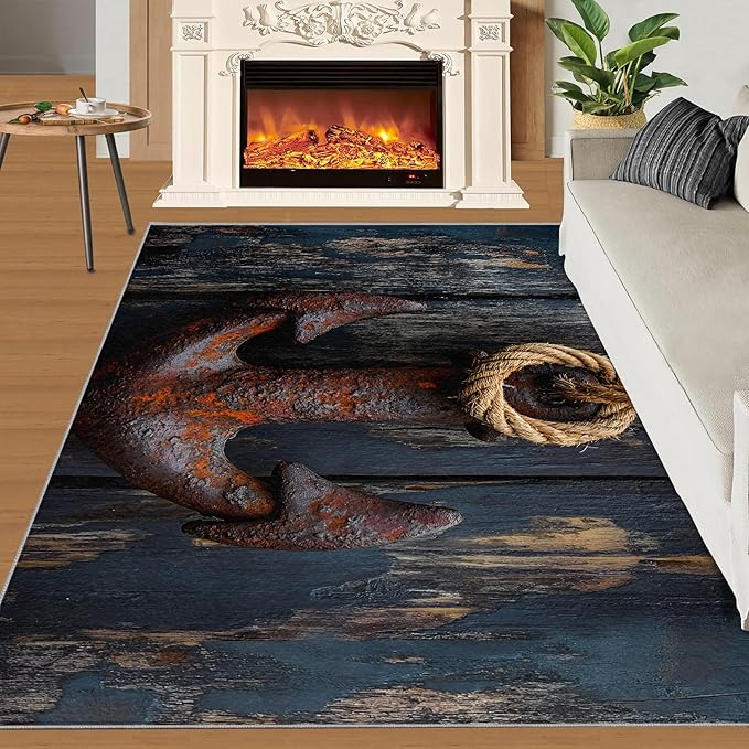 Nautical Anchor 5x6 Area Rugs,Distressed Wood Bedroom Rug Nautical Style Non-Slip Washable Rug for Living Room Nursery Kitchen Low-Pile Carpet