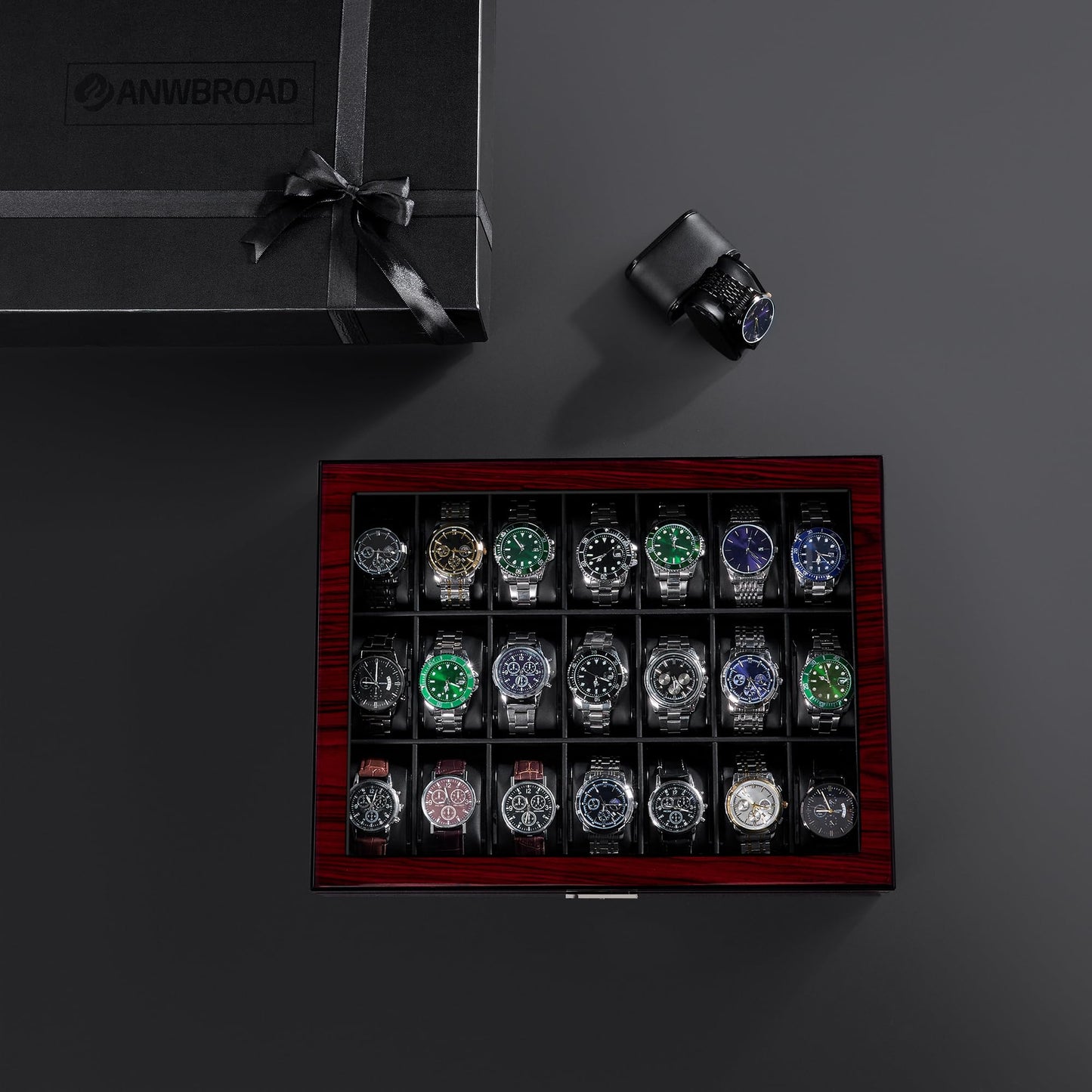 ANWBROAD 21 Slot Watch Cases for Men Watch Box with Large Glass Lid Lockable Wood Watch Display Case Watch Organizer Giftable Elegant Watch Holder Fathers Day UJWB004Y