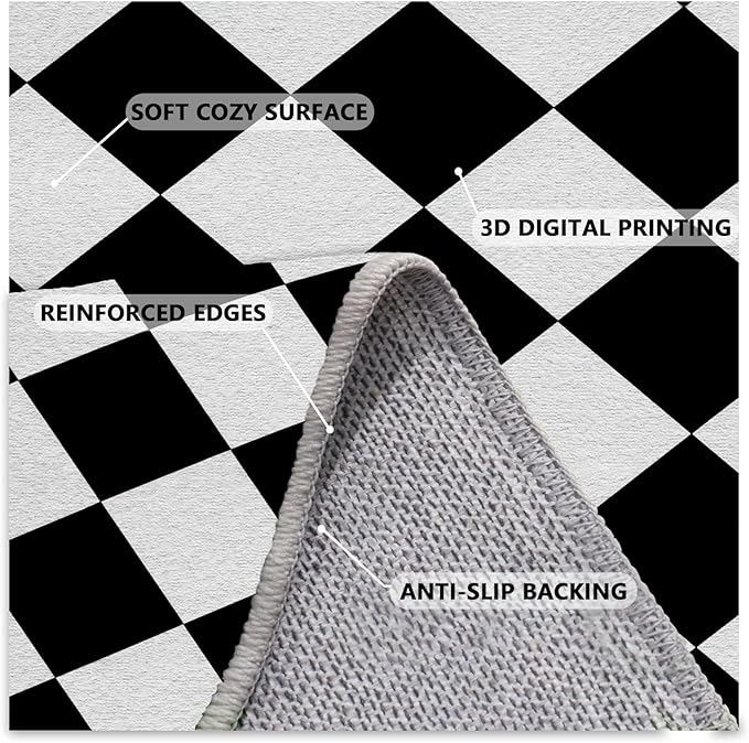 Checkered Rug, Black White Rug, Washable Rugs 5x8, Geometric Rhombus Plaid Area Rugs, Grid Gingham Carpet for Living Room Non Slip Home Decor
