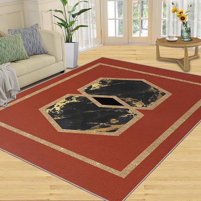 Abstract Marble Area Rugs Golden Hexagon Geometric Rug Vintage Red Marble Carpet European Medieval Geometry Carpet Mat for Bedroom Living Room 2x3ft