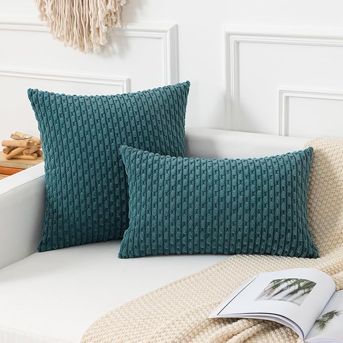 Kevin Textile Throw Pillow Covers Soft Corduroy Decorative Set of 2 Boho Striped Pillow Covers Pillowcases Farmhouse Home Decor for Couch Bed Sofa Living Room 26x26 Inch Teal Blue