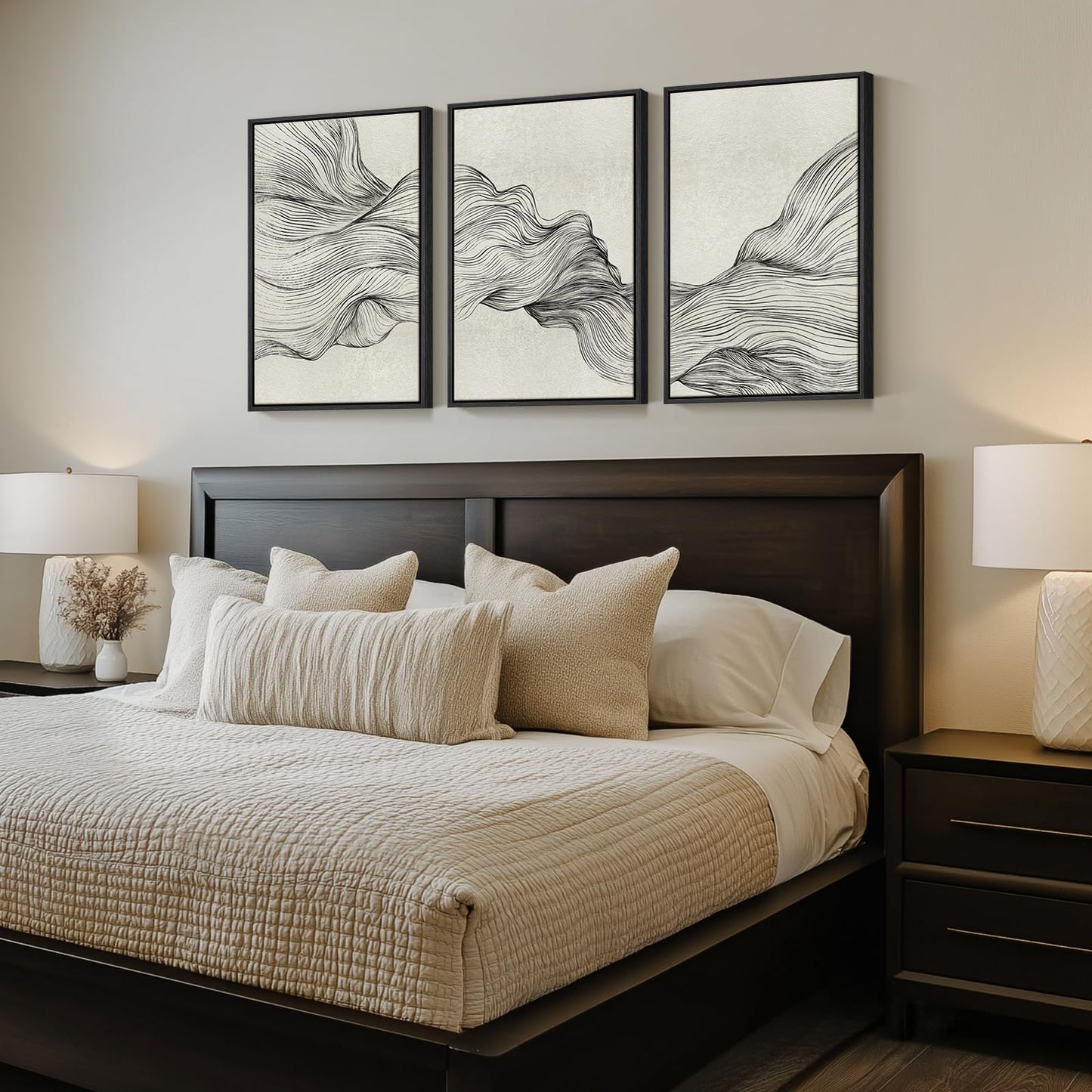 Framed Black and Beige Abstract Wall Art, 3 Piece Modern Canvas Prints Paintings Artwork for Walls, Minimalist Abstract Line Pictures for Living Room Dining Room Bedroom Office Wall Decor 16x24 In