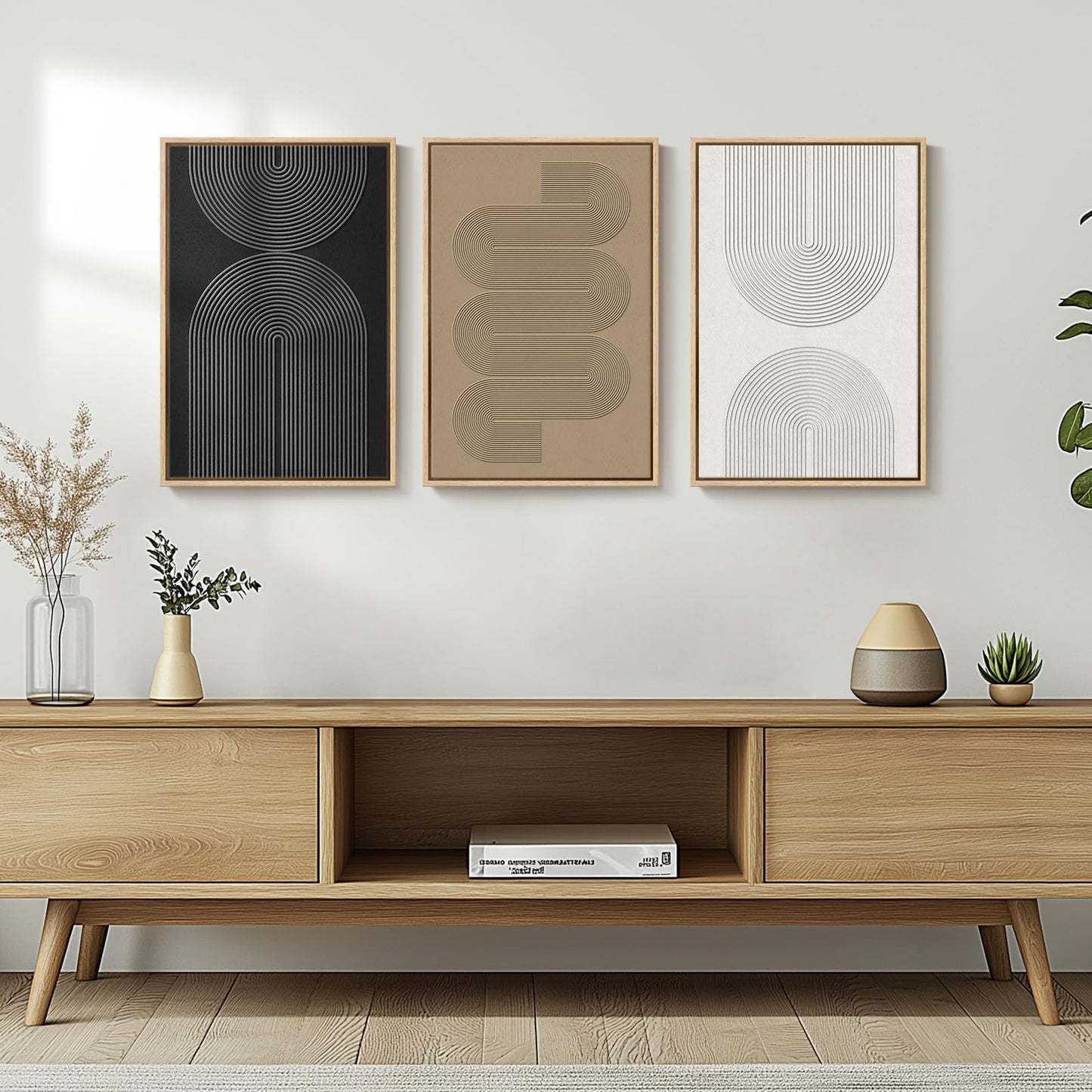 Framed Black and White Brown Abstract Wall Art, 3 Piece Boho Geometric Canvas Prints Paintings Artwork for Walls, Modern Minimalist Neutral Pictures for Living Room Dining Room Bedroom Wall Decor 16x24 In