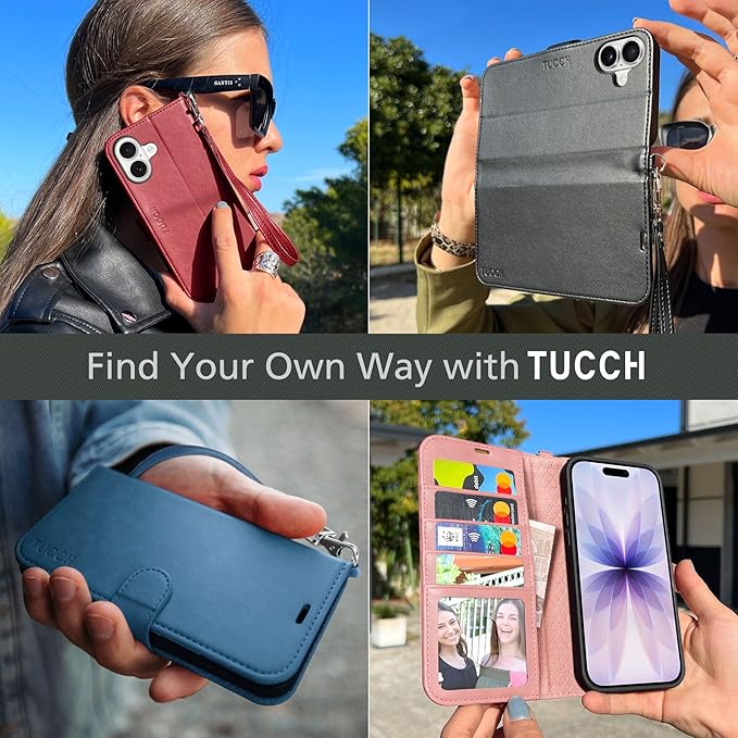TUCCH Wallet Case for iPhone 17 (6.3-Inch) 2025, Wrist Strap | RFID Blocking 4 Card Holders | Kickstand | Shockproof TPU Shell | PU Leather | Magnetic | Protective Flip Cover | Light Blue
