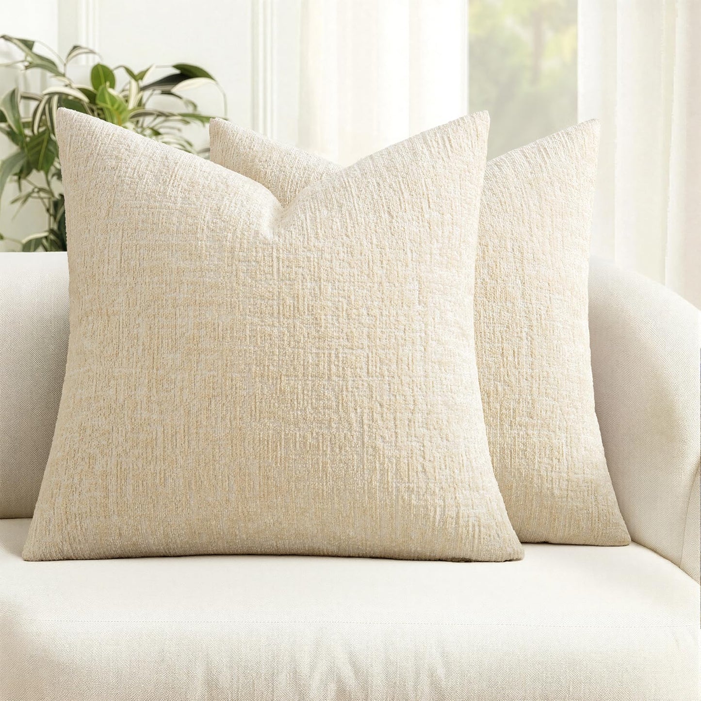 MIULEE Decorative Throw Pillow Covers 18x18 Pack of 2 Beige Couch Pillow Covers Soft Cozy Textured Chenille Pillowcases for Home Decor Sofa Living Room Cushion Bedroom