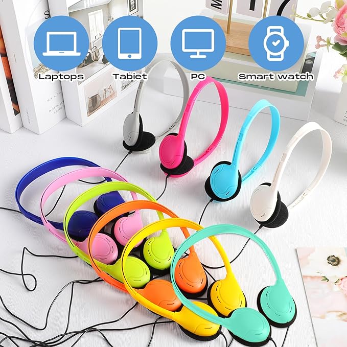 Yunsailing 30 Pack Bulk Over Ear Headphones Set On Ear Headsets Earphones with Adjustable Headband and 3.5mm Plug for Group Learning, Computer Lab, Library, Online Lesson (Macaron Color)