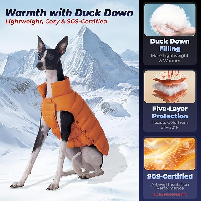 SPACE LION Dog Puffer Jacket, Down Winter Coat, Durable Outdoor Coat for Cold and Windy Conditions, Lightweight & Adjustable Fit Coats for Small & Medium Dogs, (Orange, Size 12 Gift Box)