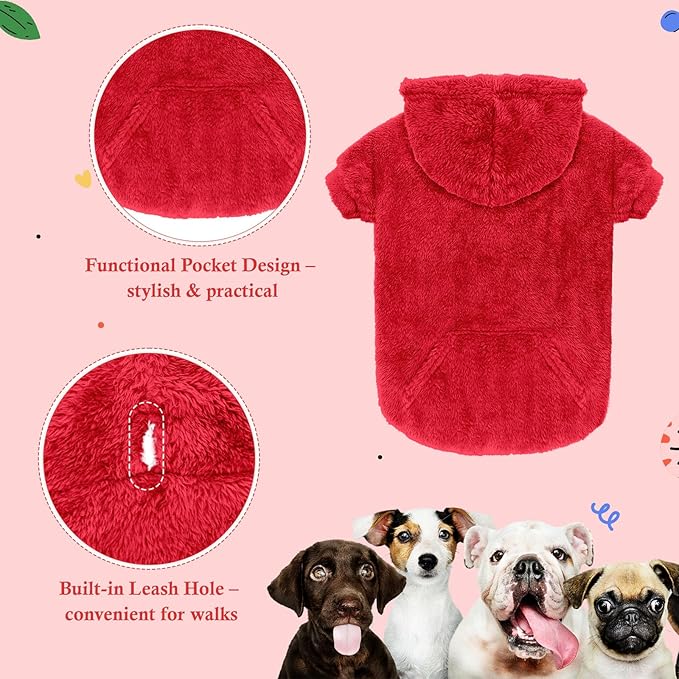 Dog Sweater,Dog Hoodies,Warm Fuzzy Fleece Sweatshirt with Hood & Pocket,Leash Hole,Cozy Cold Weather Pet Clothes Sweater for Small,Medium,and Large Dogs(Red,XL)