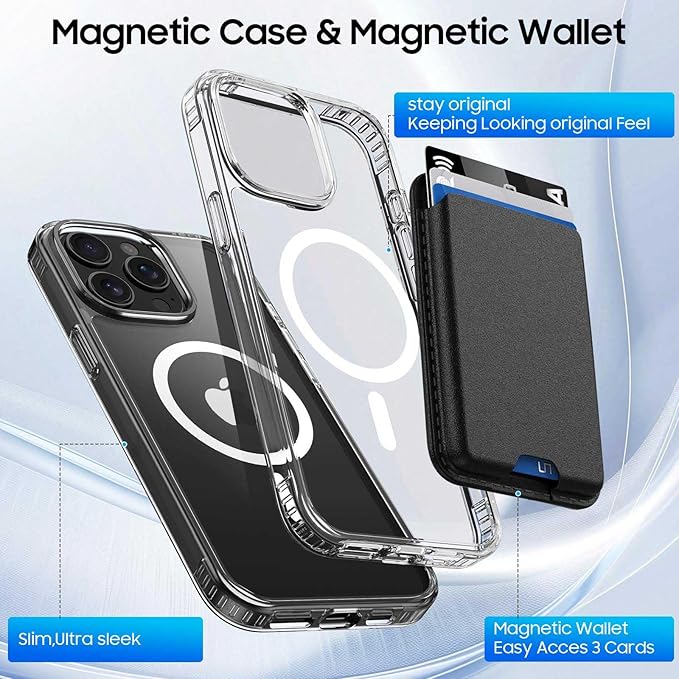 Ntwinro Magnetic for iPhone 15 Pro Max Clear Case (Compatible with MagSafe) with Black Detachable Wallet & Card Holder for 3 Cards [RFID Blocking] Military Grade Protective Slim Phone Cover