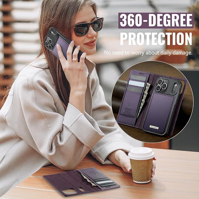 PlusnapX Wallet Case for iPhone 17 Pro Compatible with Magsafe, 2-in-1 PU Leather Flip RFID Blocking Card Holder Stand Shockproof Magnetic Detachable Cover for iPhone 17 Pro Case 6.3", Fashion Purple