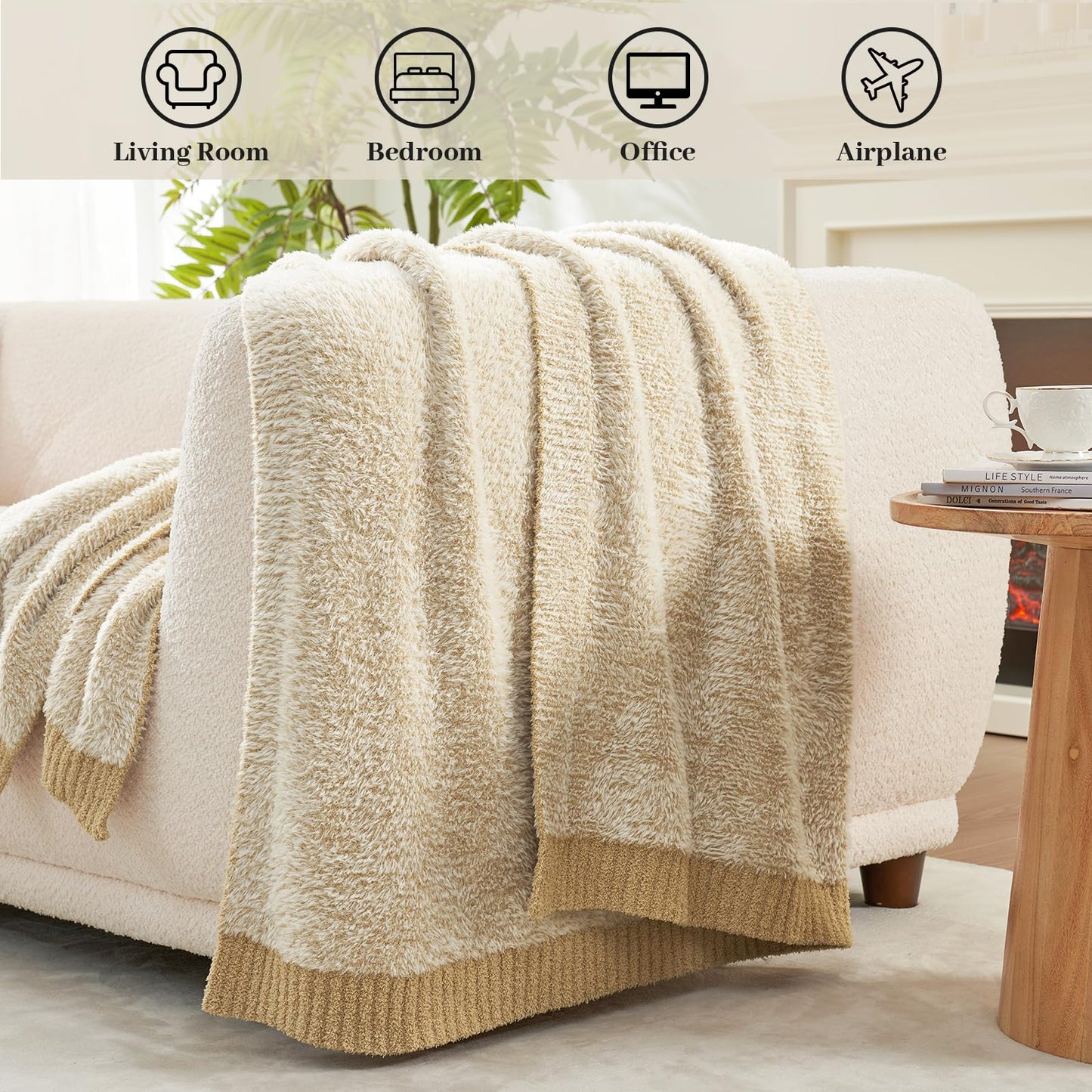 Amélie Home Knit Throw Blanket for Couch, Super Soft Fuzzy Cozy Throw, Giftable Knitted Blanket for Women Men, Birthday, Sofa Bed Living Room Decor, 50" x 60", Heather Beige