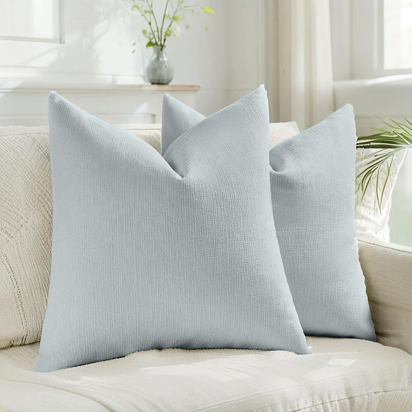 HAUSSY Pack of 2 Faux Linen Pillow Covers 18x18 Inch, Decorative Throw Pillows Soft Boho Neutral Cushion Covers Home Decor Modern Pillow Cases for Couch Living Room Sofa Bed, Dusty Blue (Covers Only)