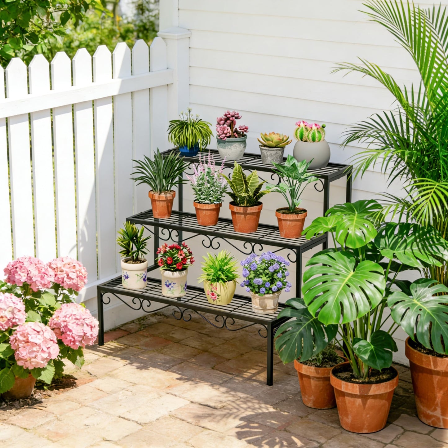 SIMHOMSTOR Plant Pot Stand Shelf, 3 Tier Flower Ladder Display Rack, Metal Succulent Plants Storage Holder for Outdoor and Indoor, Black