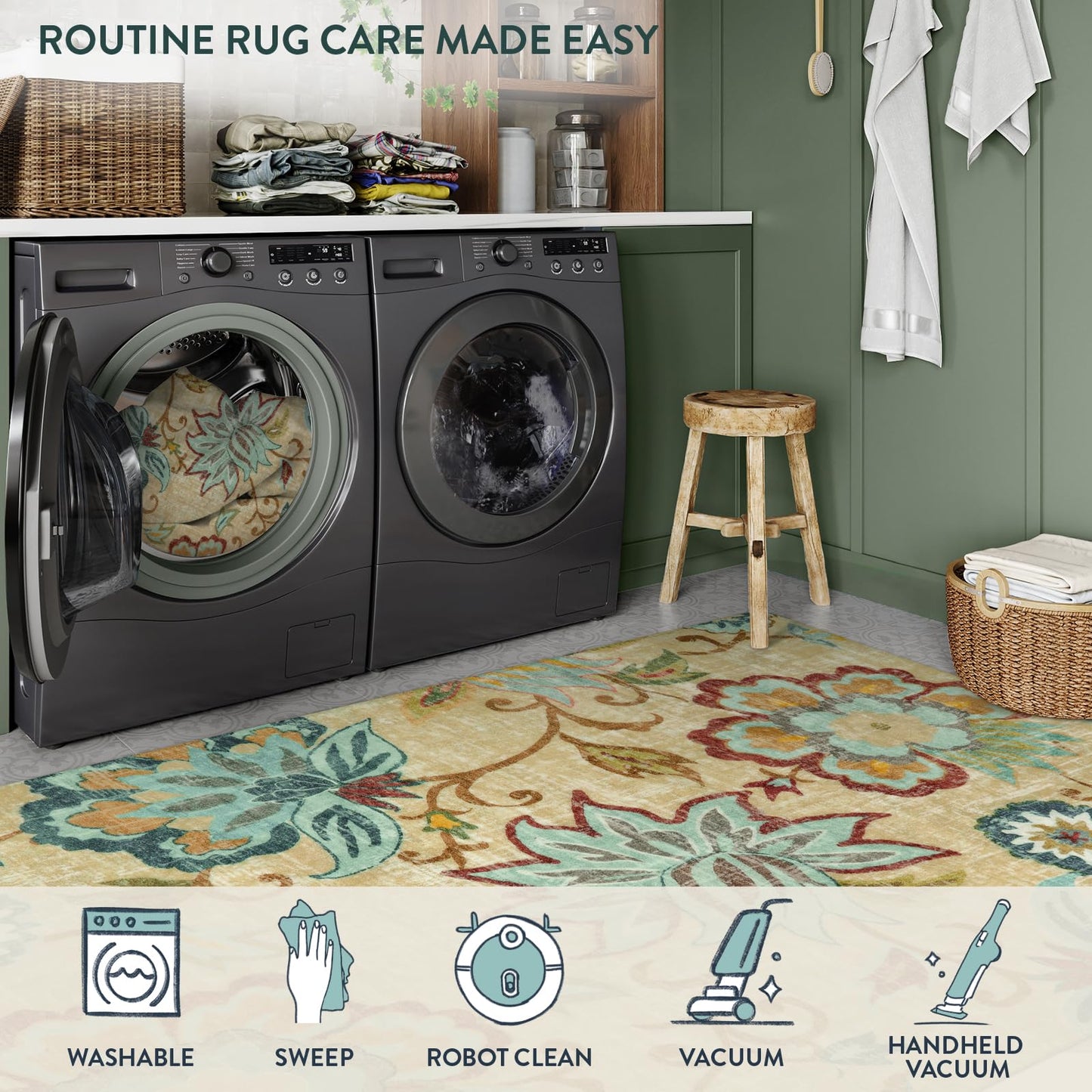 Lahome Floral Washable Rug for Living Room - Area Rugs 5x7 Non-Slip Lightweight Bedroom Throw Soft Kid Room Nursery Carpet, Boho Beige Paisley Print Indoor Carpet for Office Dining Room Kitchen