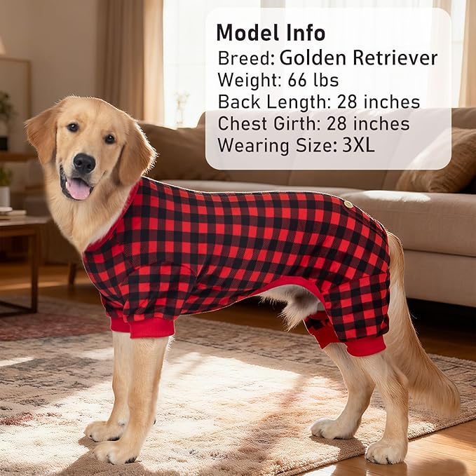 KYEESE Dog Pajamas Velvet Dog Pajamas for Large Dogs Comfy Pet Costume Stretchy Pet Jammies Soft Dogs Clothes Red Buffalo Check Pet Pjs Velvet Pets Onesie Warm Pets Outfit，XXXL