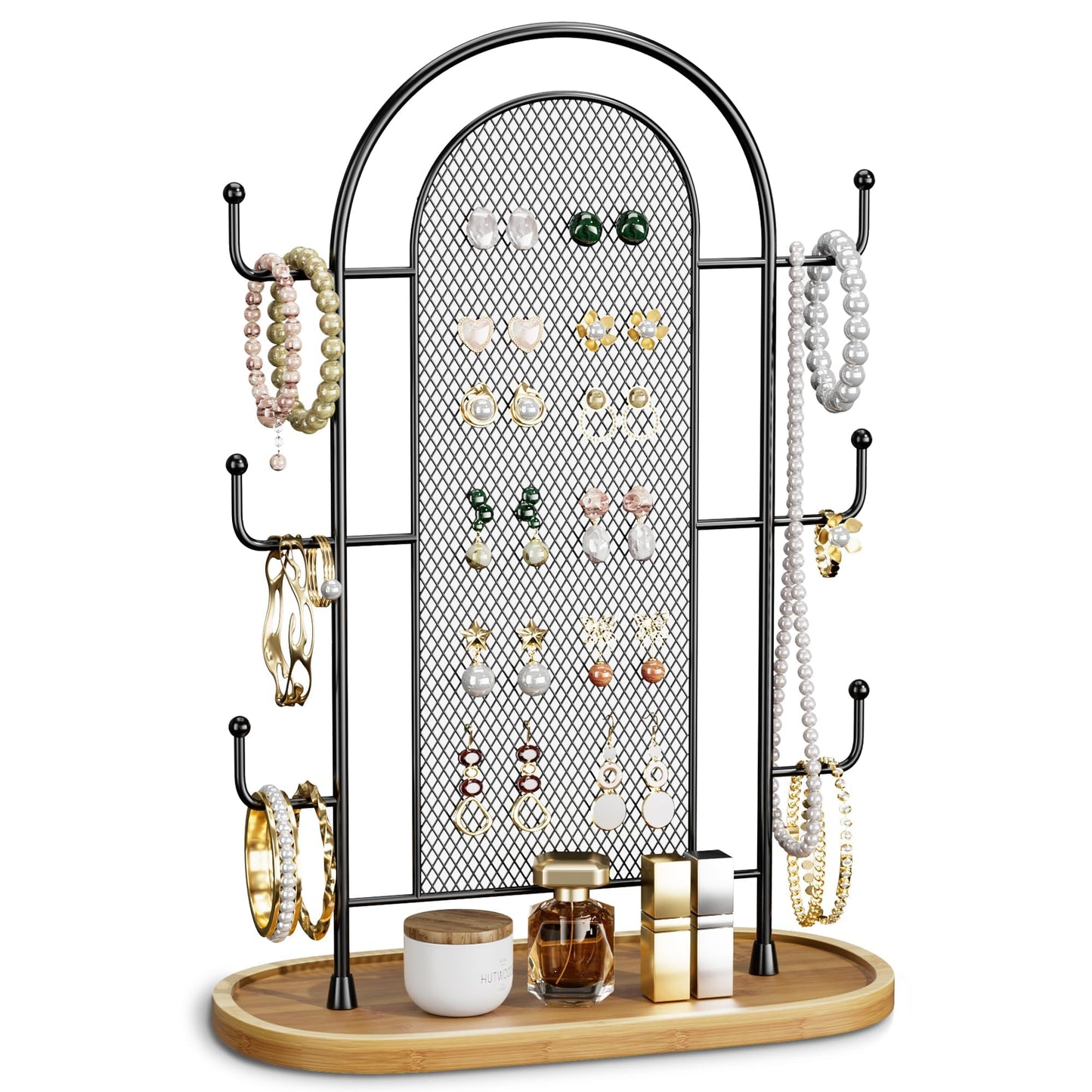 bussdis Jewelry Holder Organizer Earring Display - Earring Storage Tree Stands Towers With 6 Hooks 300 Studs Wood Tray Black Metal Rack