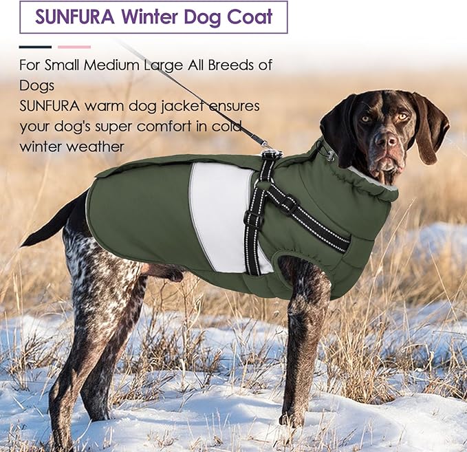 SUNFURA Dog Coat for Large Dogs, Warm Pet Jacket Winter with Harness Built in, Waterproof Pet Snow Jacket with Furry Collar, Reflective Fleece Snowsuit for Extra Large Dogs, Army Green XL