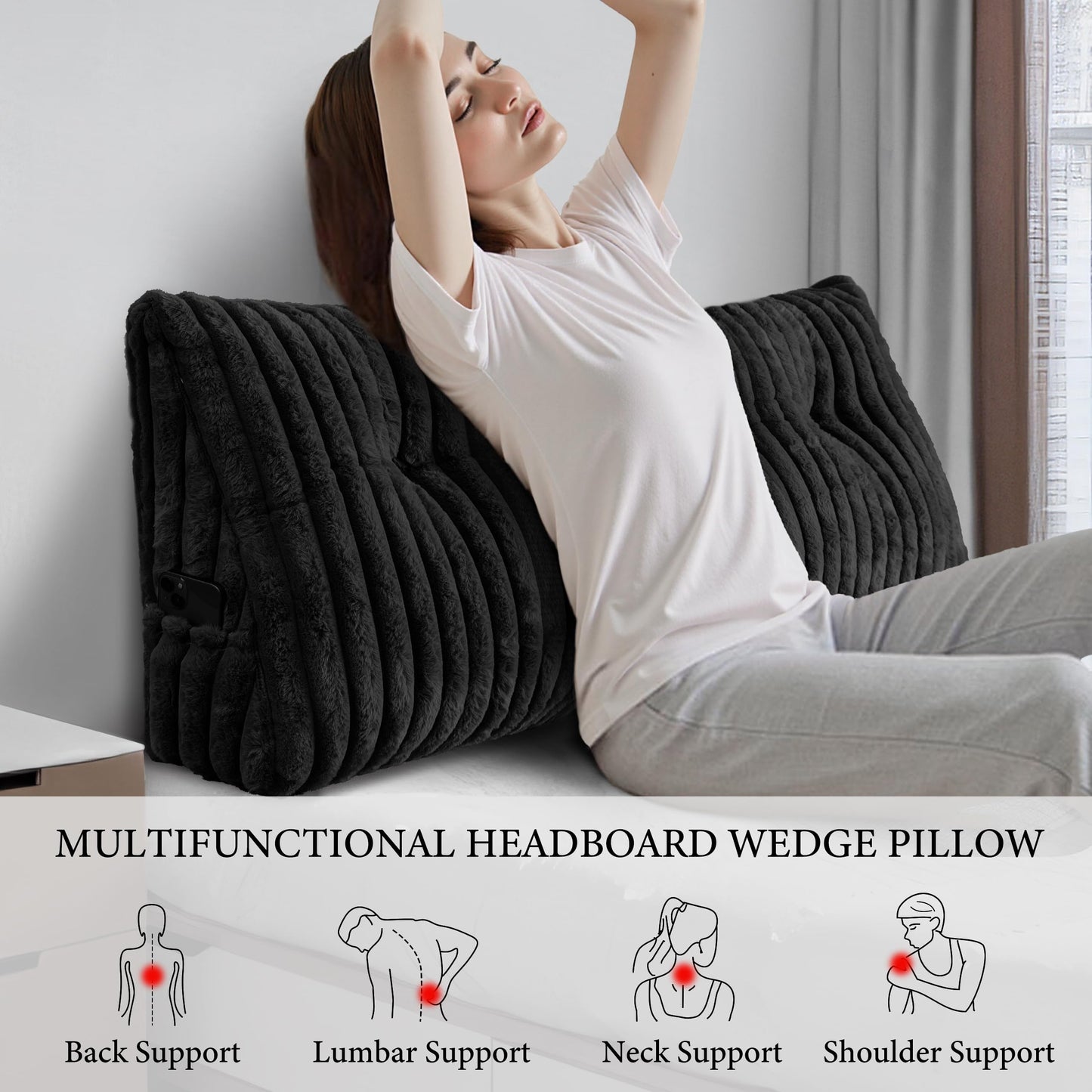 Dorivalley Headboard Pillow Queen, Triangular Wedge Pillow Headboard Queen, Cushion Headboards Reading Pillows, Backrest Pillows for Sitting in Bed or Working with Removable Cover, Black