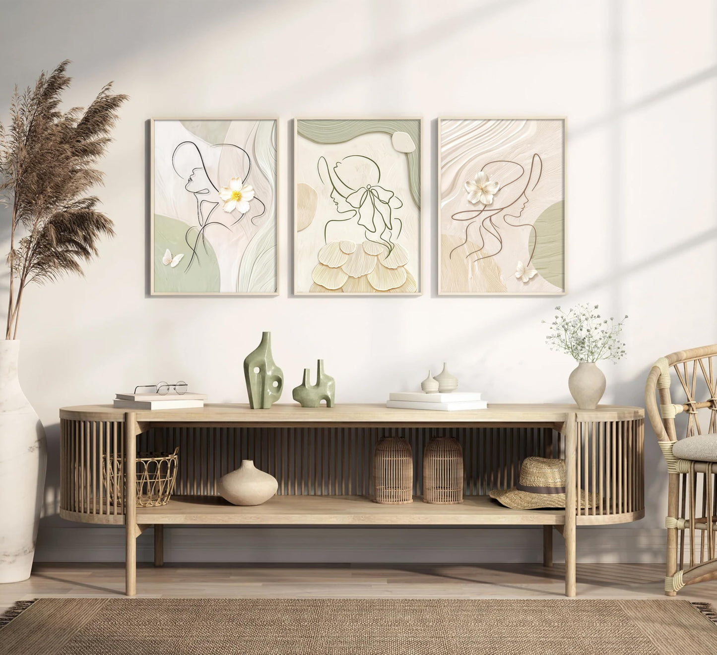 3Pcs Abstract Woman Canvas Wall Art Minimalist Line Beige and Green Girl Picture Wall Decor White Flower Texture Posters Boho Cream Neutral Painting Print Artwork for Living Room Bedroom, Unframed