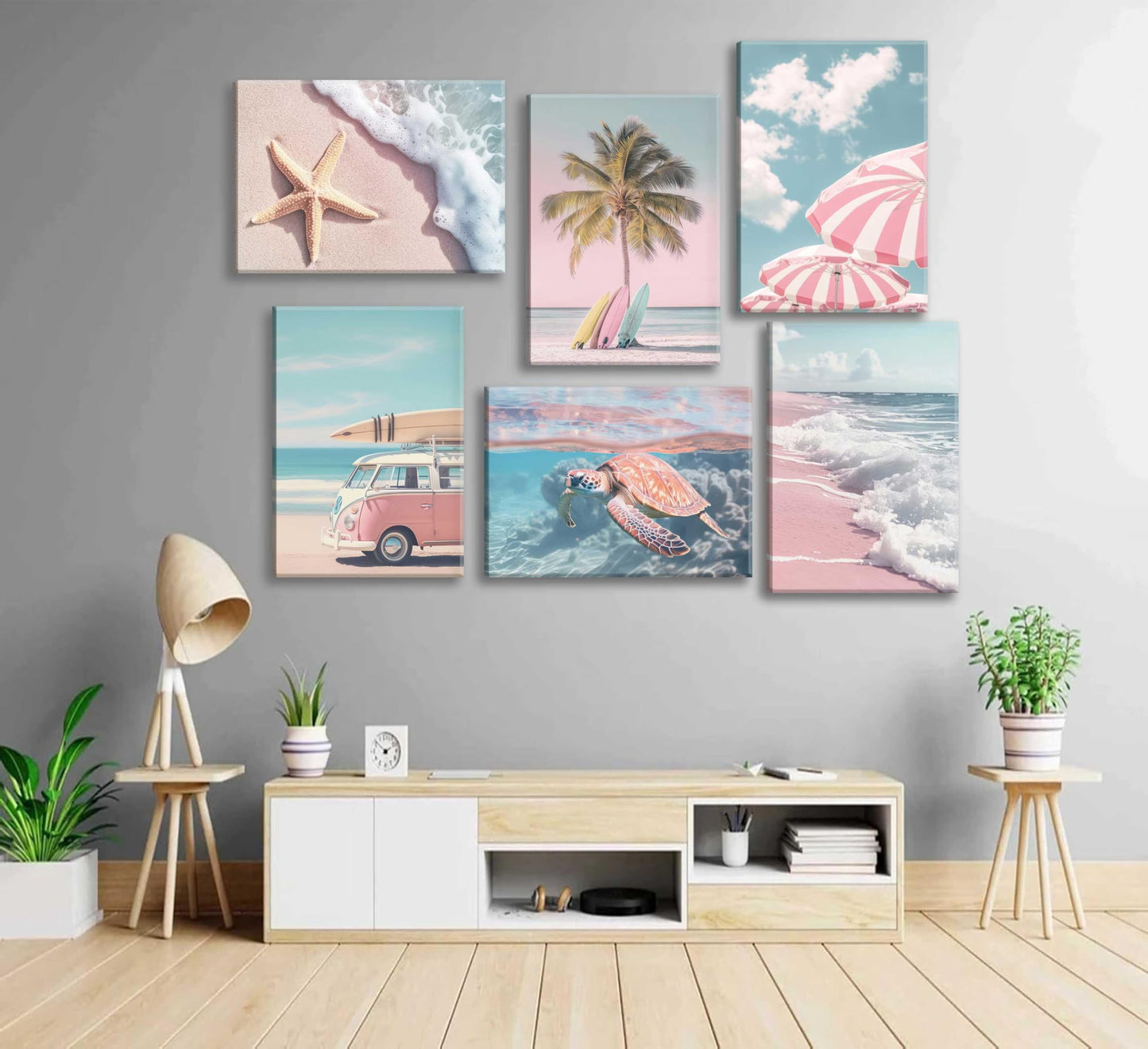 6Pcs Pink Summer Beachy Wall Art Fresh Pink Tropical Ocean Art Print Beach Chairs Starfish Surfboard Palm Tree Wall Decor Retro Coastal Canvas Picture Bus Van Canvas Painting for Bedroom Framed