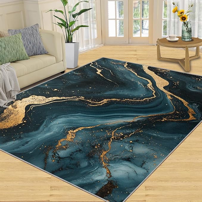 Marble Washable Area Rugs 3x4 Non-Slip Fluid Art Living Room Rug Gold Lines Soft for Carpet Low Pile Indoor Door Mat & Room Decor