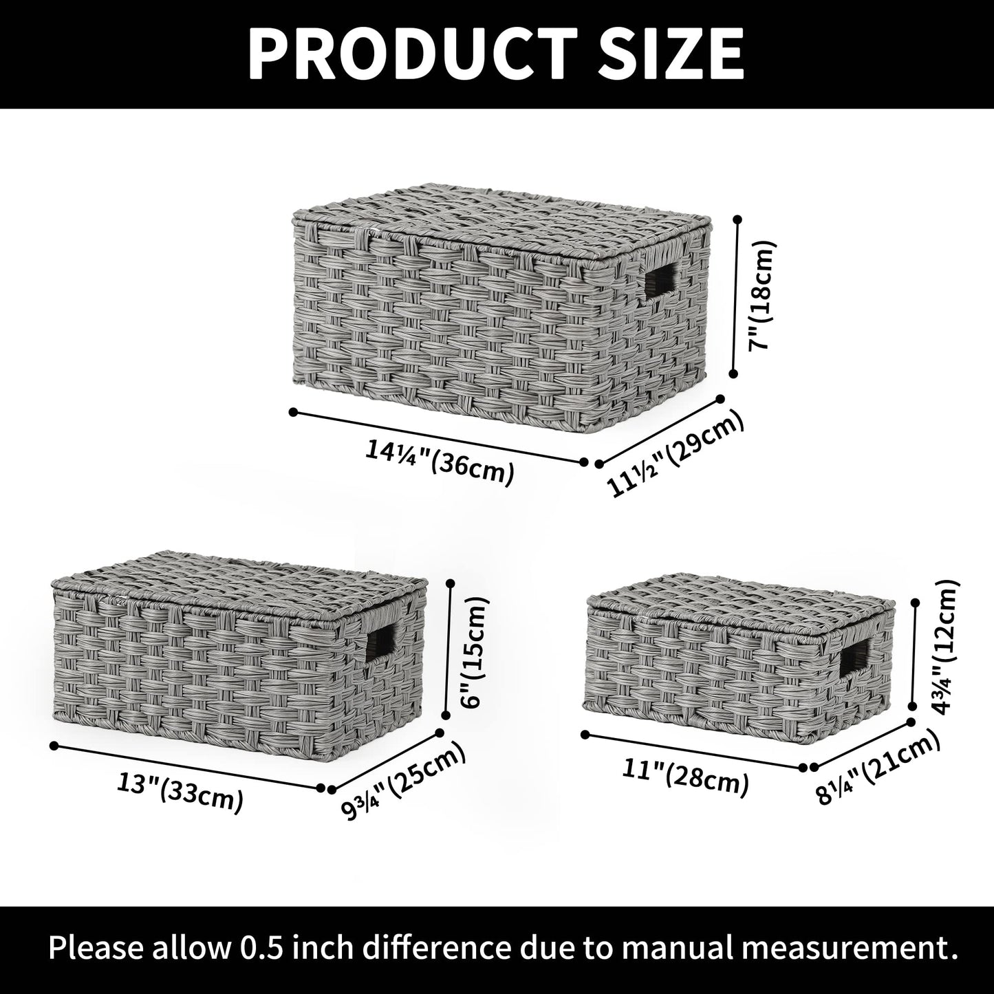 GRANNY SAYS Wicker Storage Baskets, Decorative Boxes with Lids, Set of 3 Nesting Wicker Baskets for Organizing, Gray, 3-Pack
