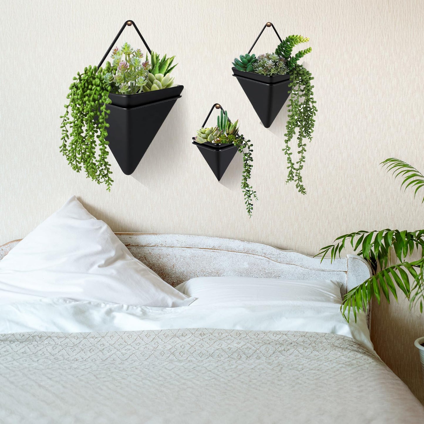 Rtteri 15 PCS Black Wall Hanging Planter Set with Artificial Succulents, 3 Ceramic Geometric Wall Planters in 3 Sizes, Modern Indoor Decor for Living Room Bathroom Office