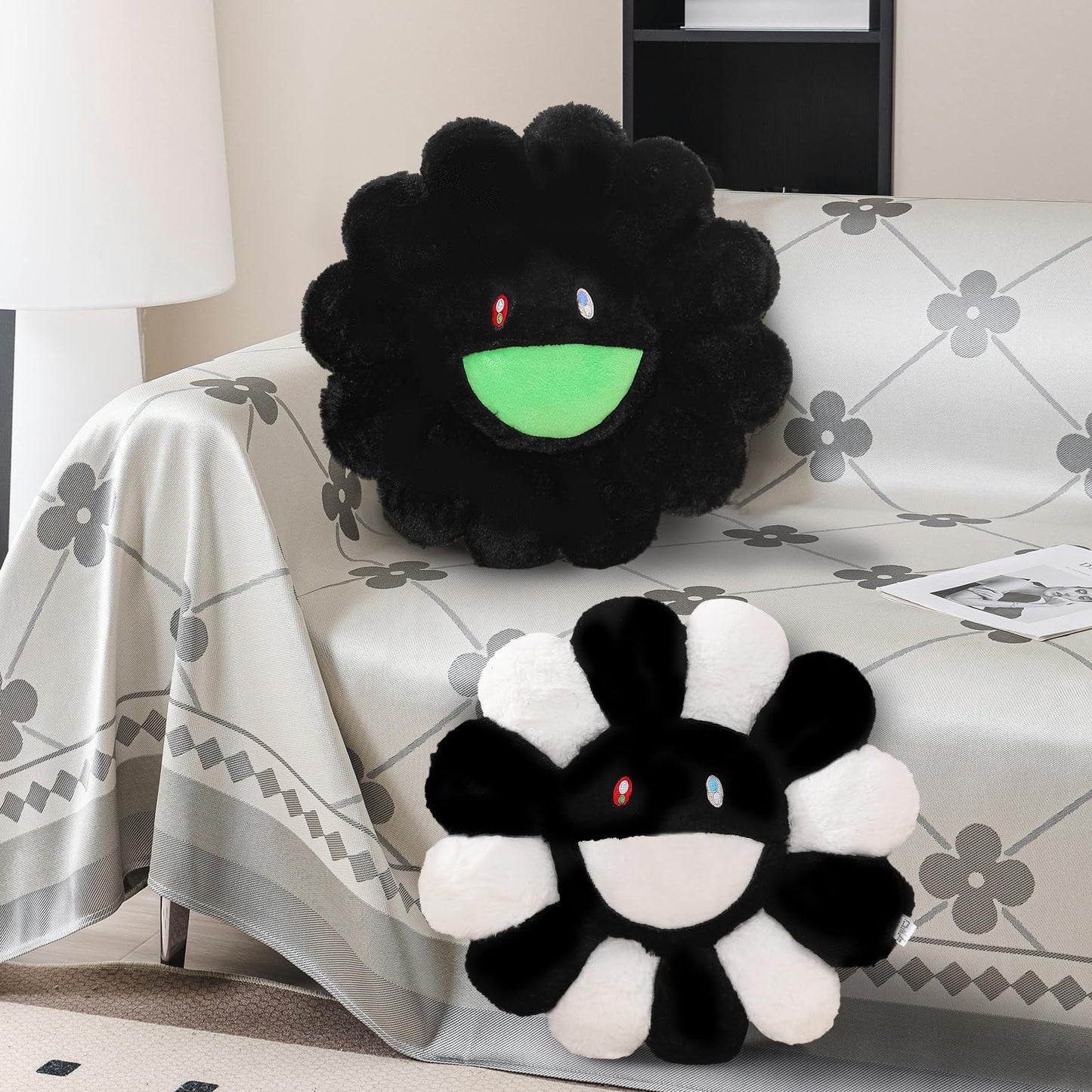 FIONOUT 2Pcs Smile Face Floor Cushion Pillow - Sunflower Plush Pillow for Girls, Extra Soft Fluffy Flower Cushion for Bedroom, Chair or Car Decor