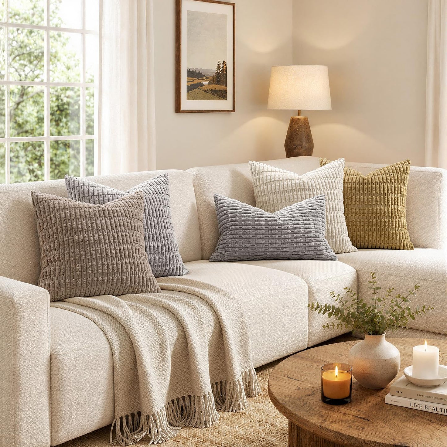 MIULEE Pack of 2 Corduroy Decorative Throw Pillow Covers 20x20 Inch Soft Boho Striped Pillow Covers Modern Farmhouse Home Decor for Sofa Living Room Couch Bed Light Grey