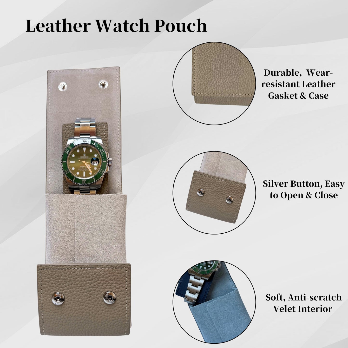 IcyKiwii Leather Watch Case, Watch Travel Pouch, Single Watch Box for men and women, Luxury Watch Organizer, Watch Storage (Elephant Grey)