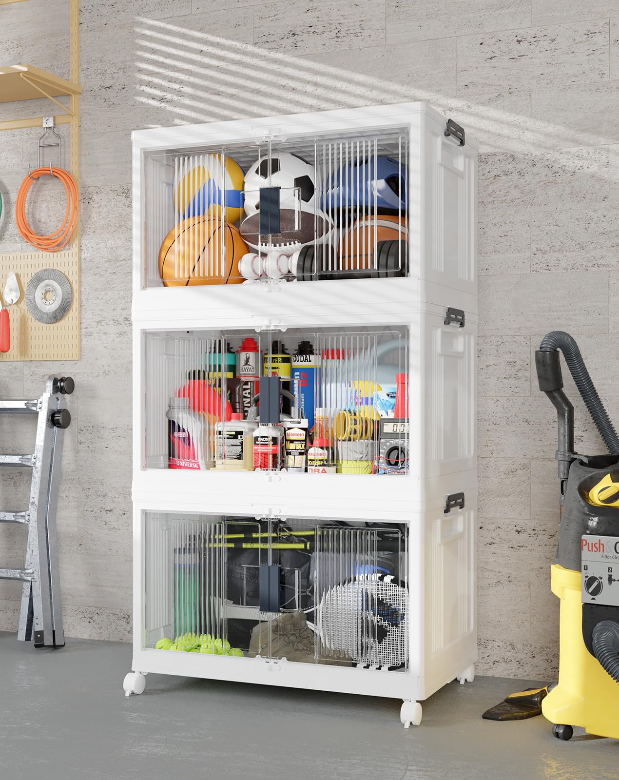 OlarHike 97QT Stackable Lockable Storage Bins with Lids - Folding Cabinet with Doors & Wheels, Collapsible Plastic Drawers for Closets and Organization, Garage, Shelves, College, School, 3 Pack Cubes
