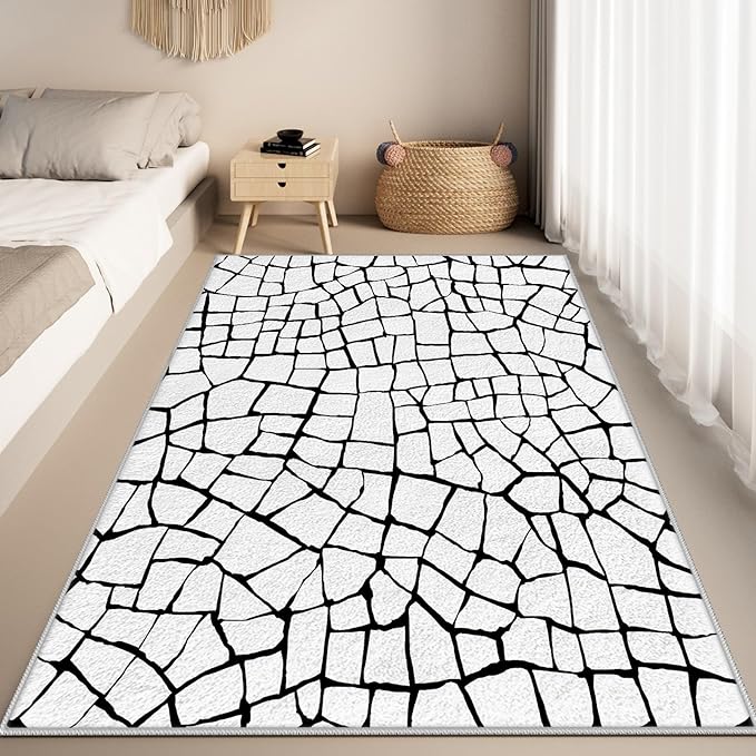 Black and White Area Rug, Abstract Rug, Contemporary Minimalist Rugs, Geometric Cracks Area Rugs, Modern Geometric Carpet for Living Room, Washable Non Slip Home Decor Mat 6x8