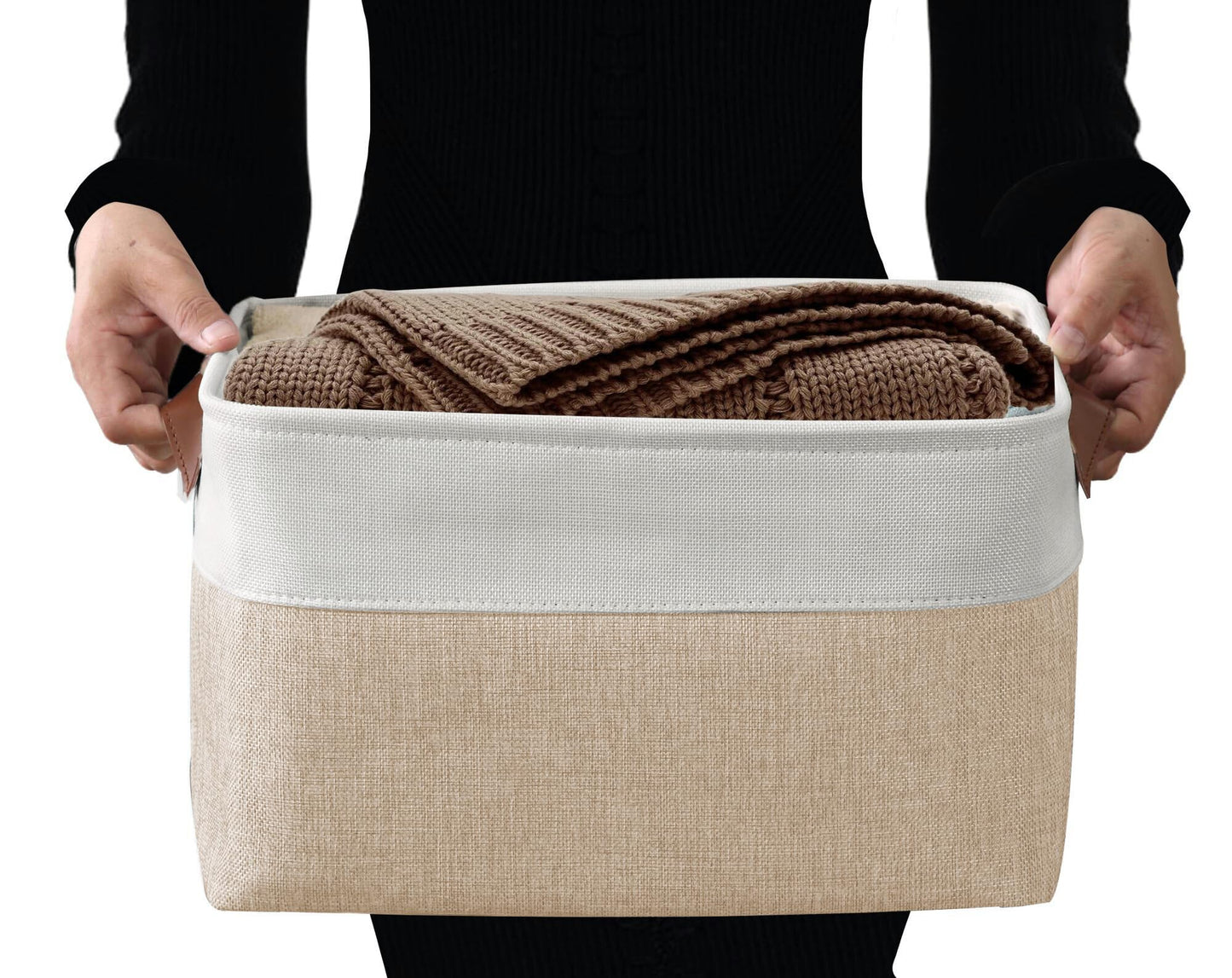 DECOMOMO Storage Bins, Large Fabric Storage Baskets for Shelves, Decorative Linen Closet Organizer, 15 x 11 x 9.5 inches (Beige & White, 3 Pack)