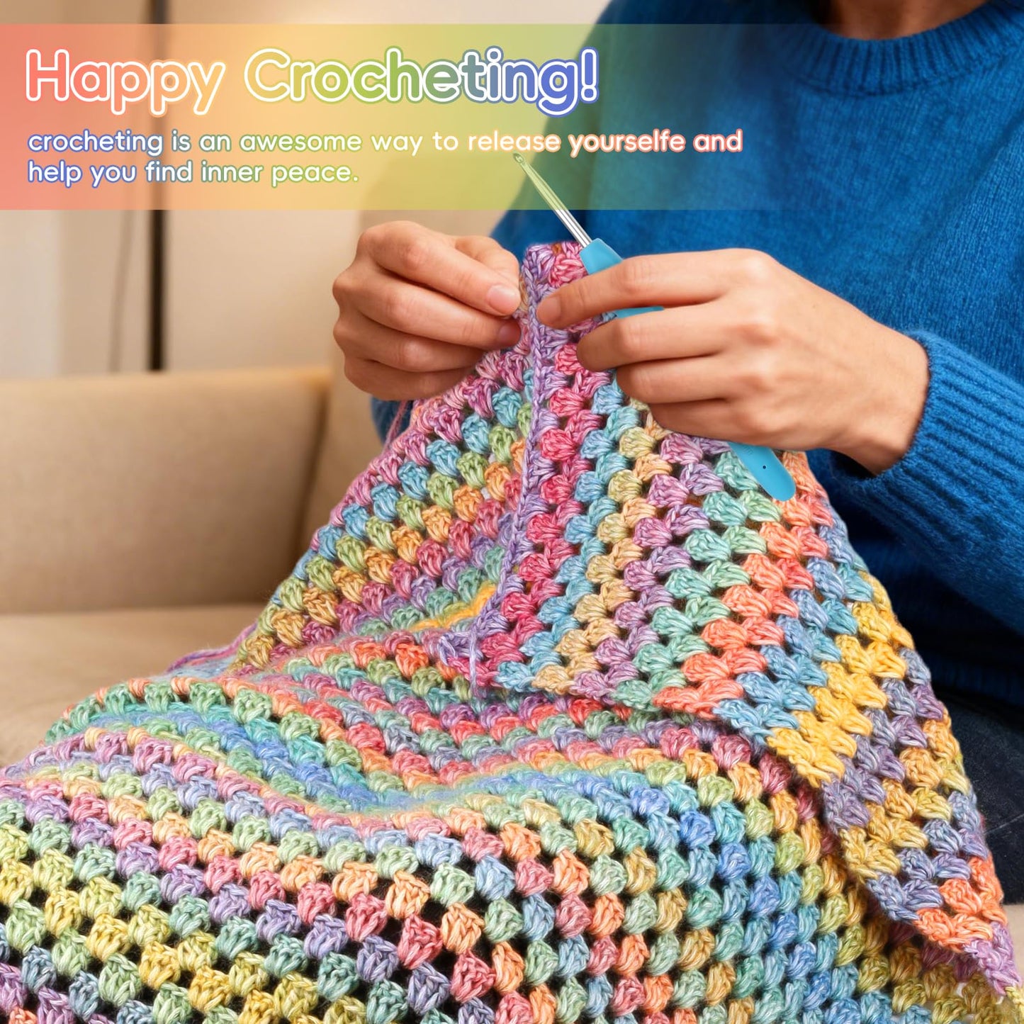 Aeelike Blanket Crochet Kit for Beginners, Super Easy Crochet Blanket Kit with Soft & Colorful Gradient Yarns Detailed Video Tutorials Crocheting Accessories, Rainbow Gradient & Ideal Gift