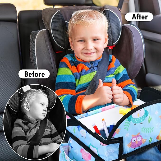 WENRENER Kids Travel Tray, Car Seat Tray for kids Travel, Toddler Road Trip Essentials With Drawing Kit, Toddler Lap Desk Organizer for Car, Carseat Table for Airplane