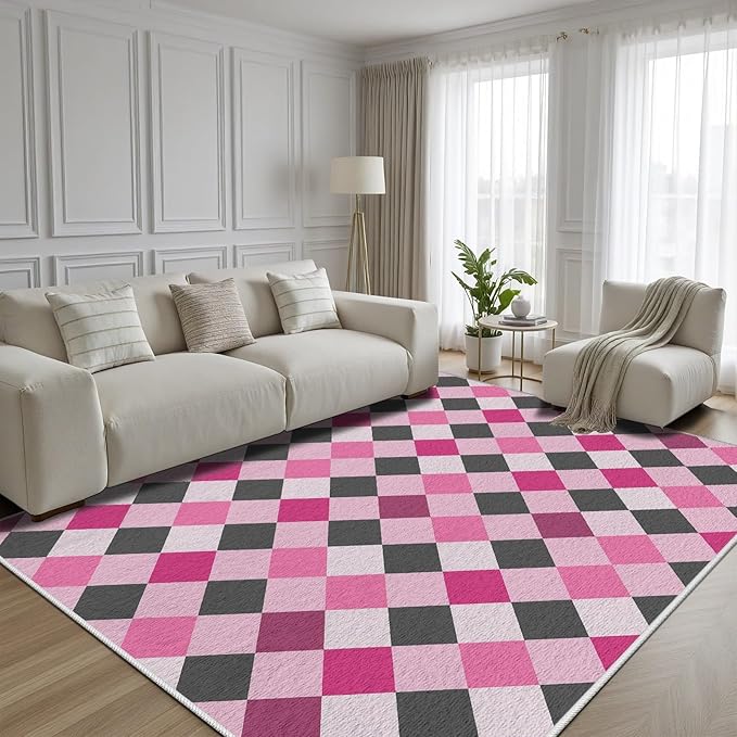 Diamond Checkered Rug 7x10, Soft Ultra Soft Faux Wool Abstract Geometric Rugs, Indoor Floor Mats Carpet, Non Slip&Non-Shedding Low Pile Washable Rugs, Modern Red Rug for Bedroom