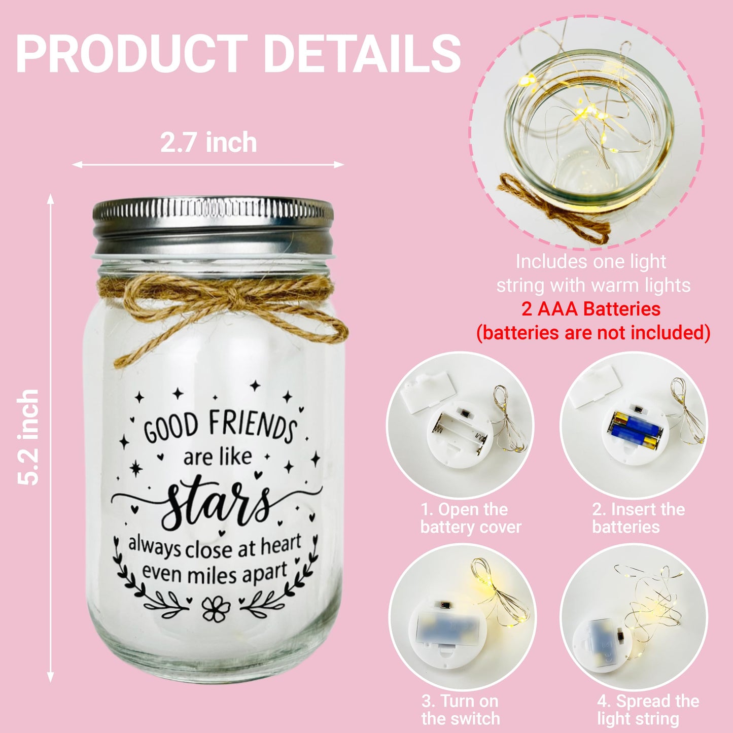 Friendship Gifts for Women, Birthday Christmas Thankgiving Holiday Gifts for Best Friend Woman, Mason Decorative Jar Night Lights for Friends Sister