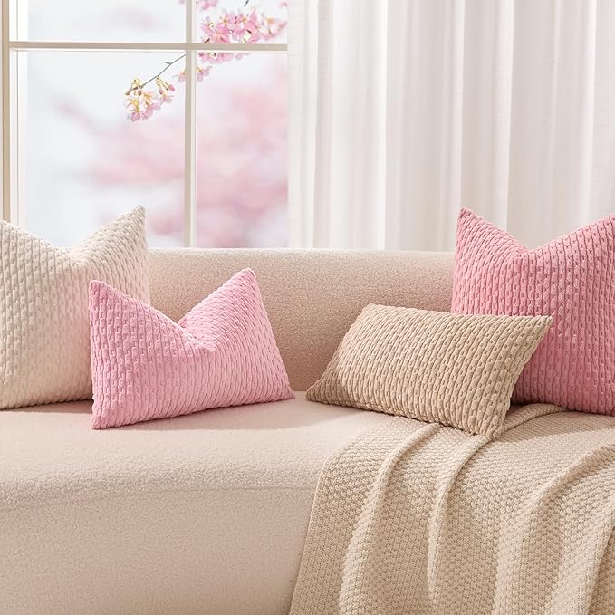 Kevin Textile Valentines Day Decorative Pillow Covers Set of 2 Striped Plush Corduroy Pillows Pillowcases Boho Home Decor Cushion Covers for Couch Sofa Bed Living Room 24x24 Inch, Pink