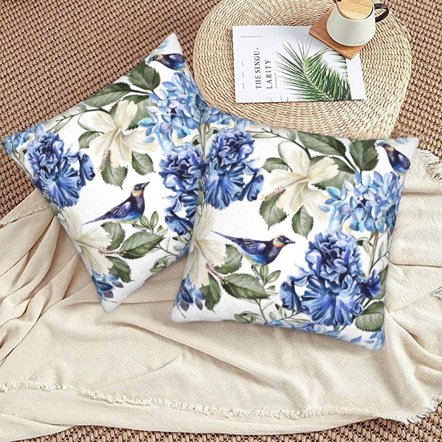 Coshatsu Blue and White Floral Pillow Covers 18x18 Set of 2, Spring Hydrangea Hibiscus Flowers Throw Pillow Covers Square Decorative Pillow Case for Couch Bed Sofa Cushion Home Decor