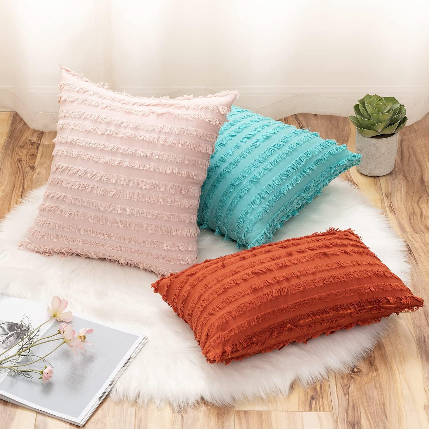MIULEE Set of 2 Mustard Yellow Throw Pillow Covers Decorative Boho Spring Linen Striped Jacquard Pattern Cushion Covers for Spring Sofa Couch Living Room Bedroom 20x20 Inch