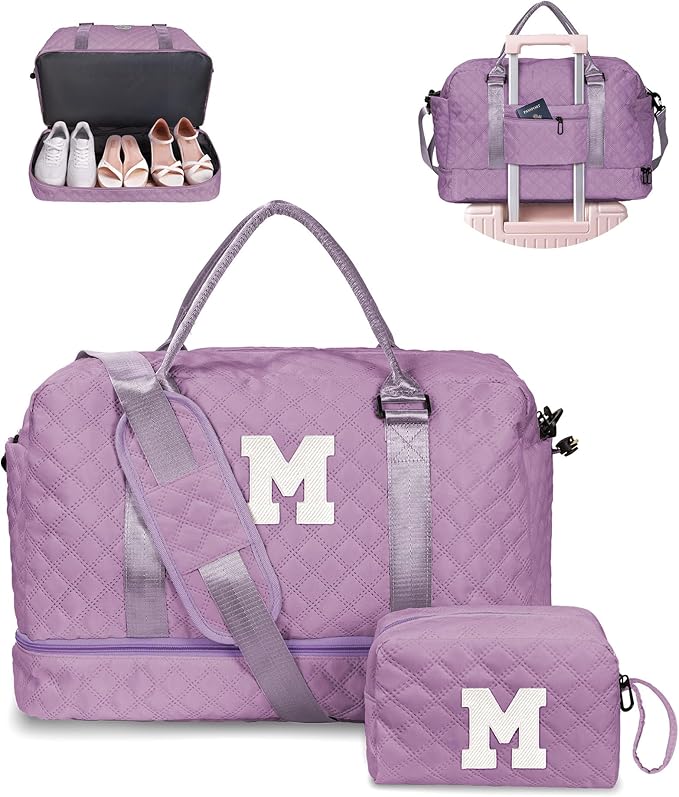 Vogewood Gifts for Daughter - Personalized Travel Bag with Shoe Compartment, Monogram Overnight Bag for Women, Sister Friend Girlfriend Gifts (Letter M)