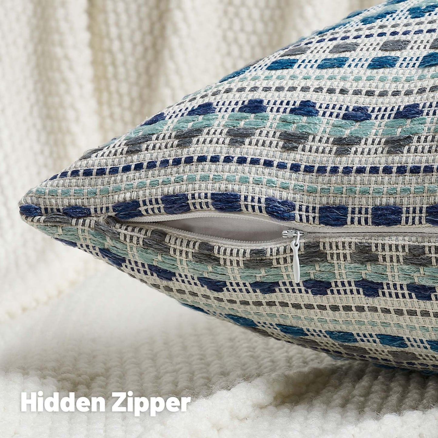 FUTEI Pack of 2 Chenille Jacquard Throw Pillow Covers 18x18 Inch Soft Cozy Woven Embroidery Coastal Decorative Cushion Case Boho Farmhouse Accent for Couch Bed Living Room, Blue Grey