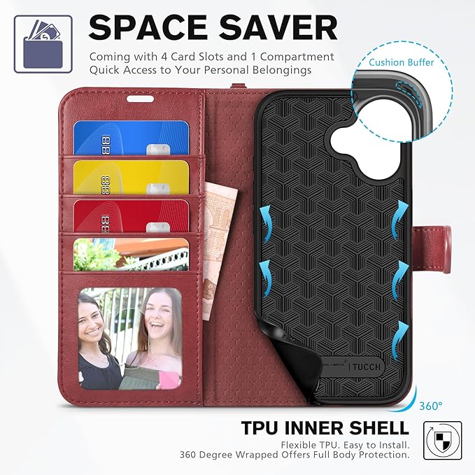 TUCCH Case Wallet for iPhone 17 (6.3-Inch) 2025, Wrist Strap | Stand | RFID Blocking | 4 Card Holders | TPU Shockproof Inner Shell | PU Leather | Magnetic Folio Cover | Dark Red