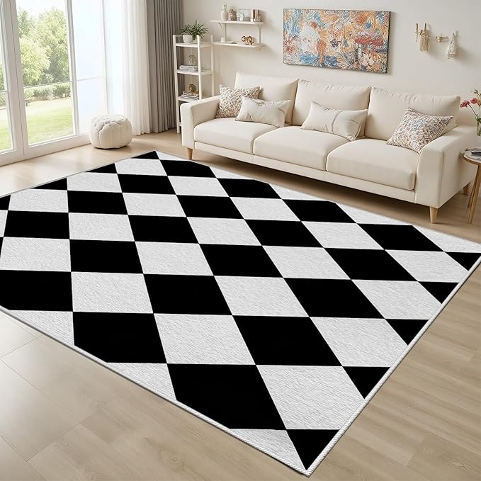 Checkered Rug, Black White Rug, Washable Rugs 6x8, Geometric Rhombus Plaid Area Rugs, Grid Gingham Carpet for Living Room Non Slip Home Decor