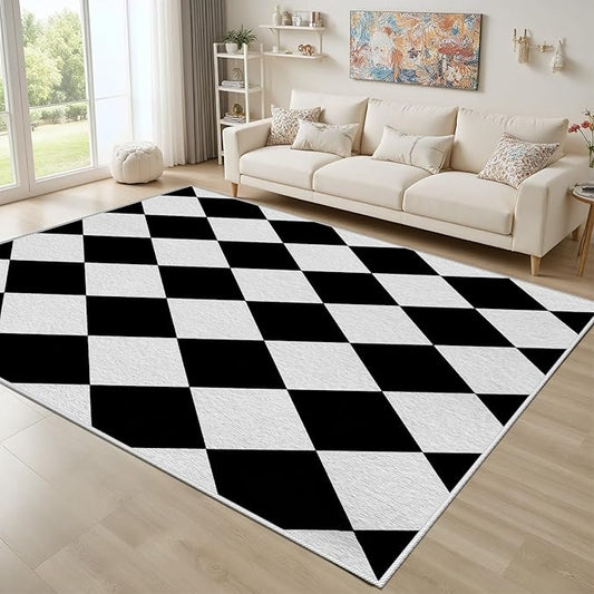 Checkered Rug, Black White Rug, Washable Rugs 6x8, Geometric Rhombus Plaid Area Rugs, Grid Gingham Carpet for Living Room Non Slip Home Decor