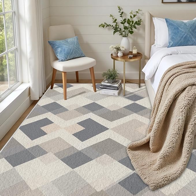 Modern Area Rug Living Room Rugs 7x10, Minimalist Soft Boho Geometric Rug, Non-Slip Washable Low Pile Non Shedding Carpet for Bedroom Office Dining Room Kitchen Nursery, Gray Beige White