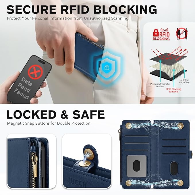 TUCCH Crossbody Detachable Wallet Case for iPhone Air 6.5" 2025, 9 Card Holders RFID Blocking, Wireless Charging, Stand, Wrist Strap, Lanyard, Zipper Pocket, PU Leather Shockproof Cover, Dark Blue