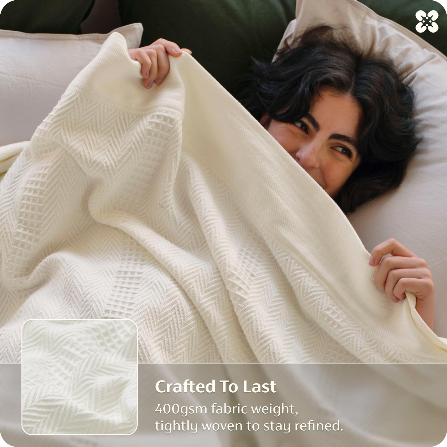 Bedsure 100% Certified Organic Cotton Blanket - Queen Size, Soft & Breathable Luxury Blankets for Bed, All Seasons Waffle & Herringbone PureWoven Textured Thermal Blanket for Adults, Kids, White