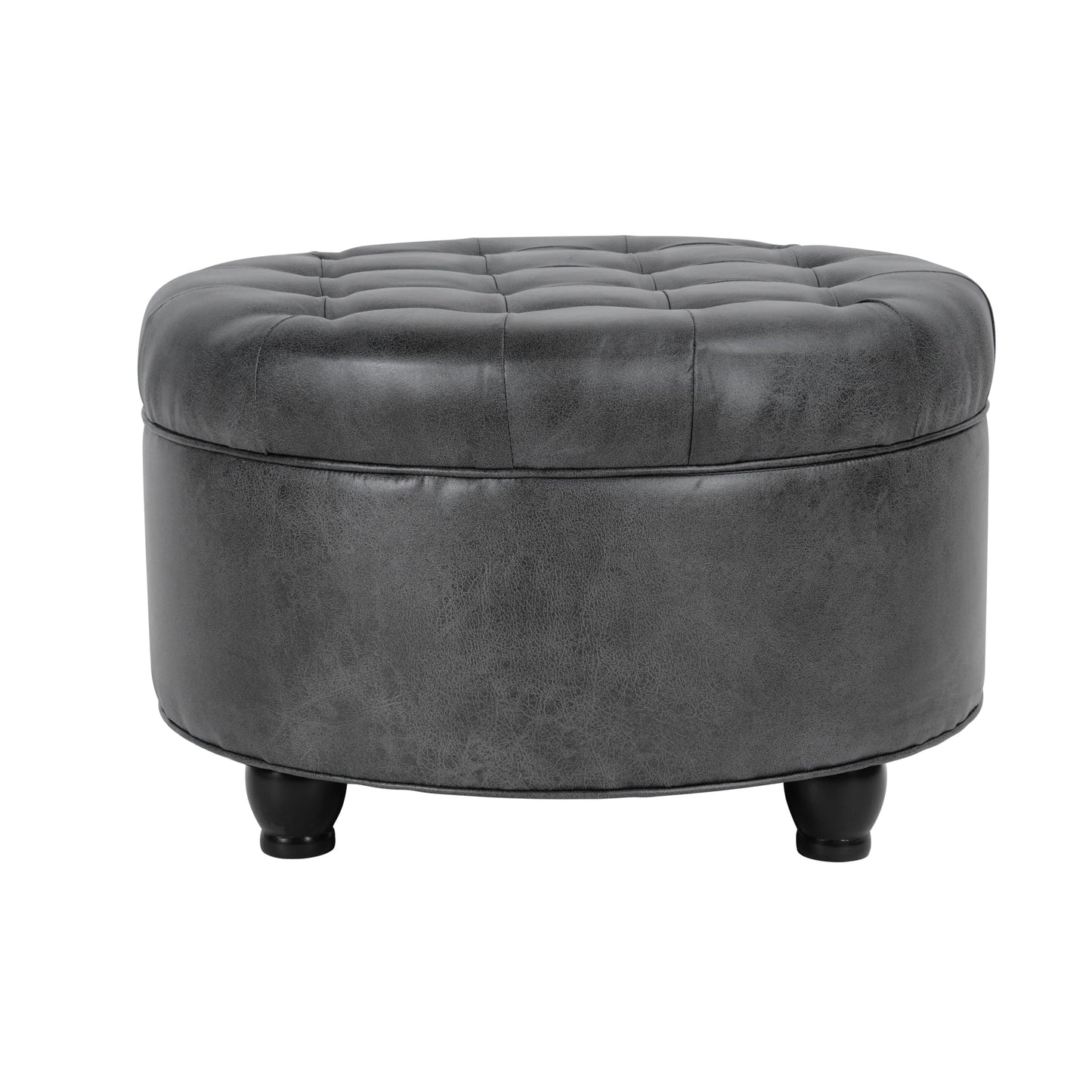 HomePop 25" Button Tufted Round Storage Ottoman - Gray Faux Leather