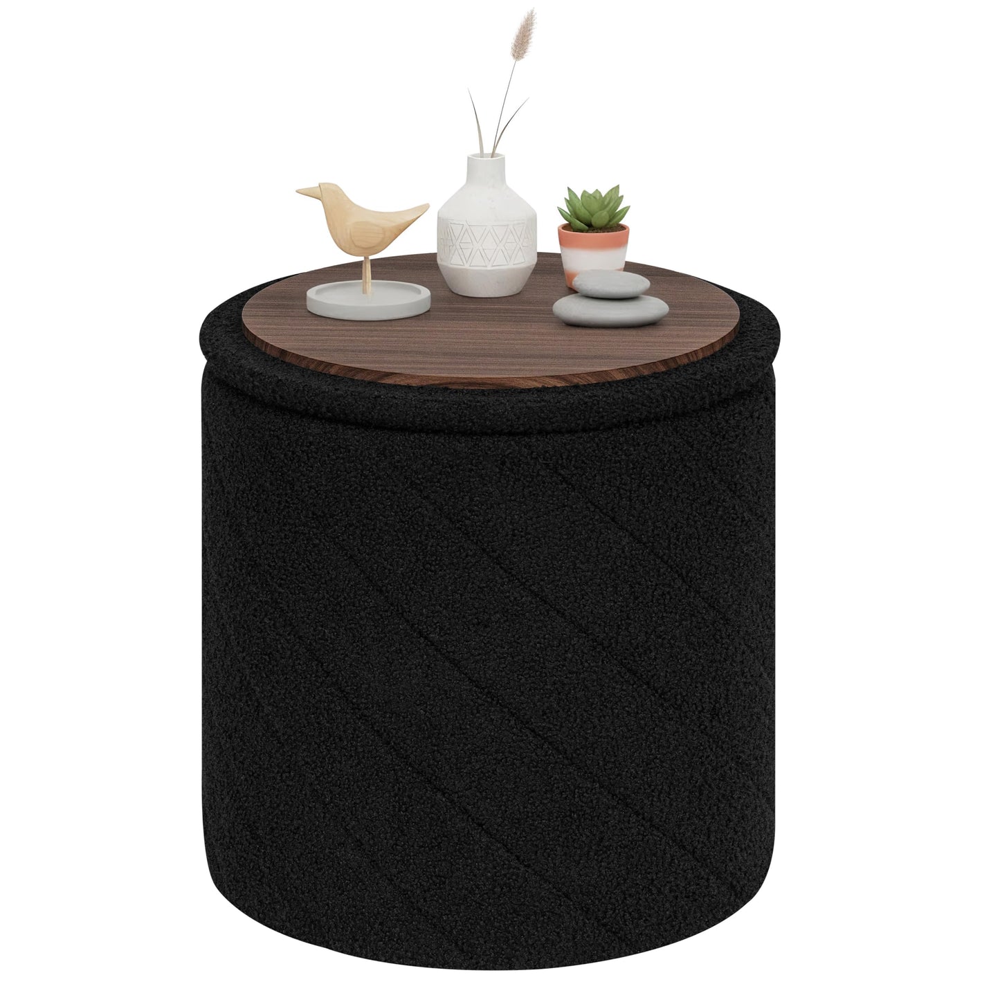 PINPLUS Ottoman with Stroage Round Boucle Ottoman and Tray Sherpa Removable Foot Stool Coffee Table for Dorm, Living Room Black, 16.9"x16.9"x17.7"